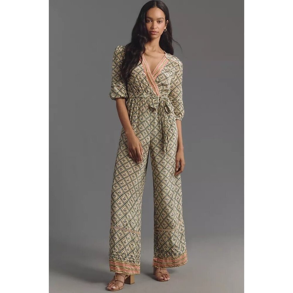 NWT Farm Rio x Anthropologie V-Neck Jumpsuit Mushrooms Size S Lightweight